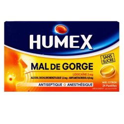 Humex Lidocaine/Alcool Dichlorobenzylique/Amylmetacresol 2 Mg/1,2 Mg/0,6 Mg Past Mal De Gorge Miel Citron Sans Sucre Plq/24