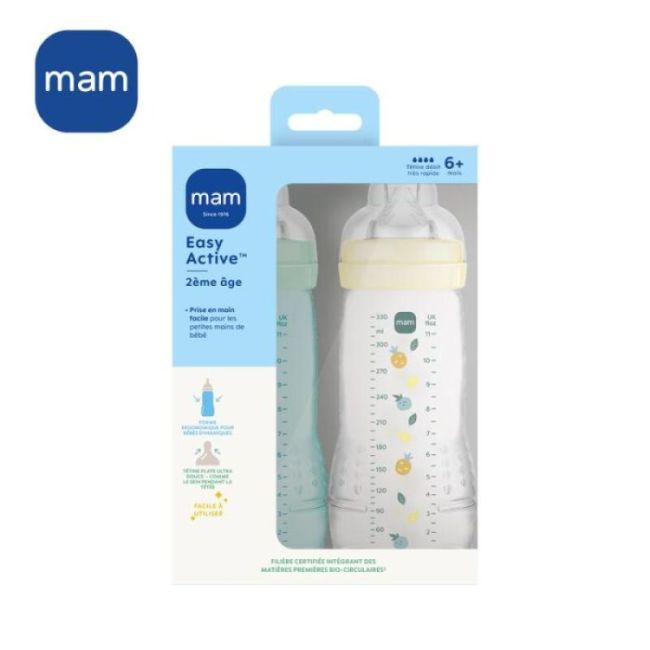 Mam Easy Active Biberon Tetine Debit X Colore Ice + Pearl 330Ml X2