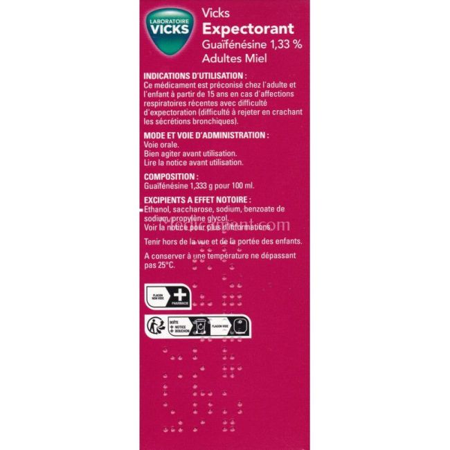 Vicks 1,33 % Sirop Expectorant Guaifenesine Miel Adulte Fl/180Ml