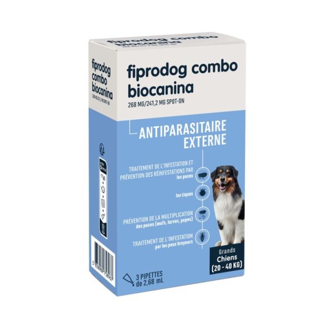 Fiprodog Combo 268 Mg/241,2 Mg Solution Pour Spot-On Grand Chien 3Pipettes/0,5Ml