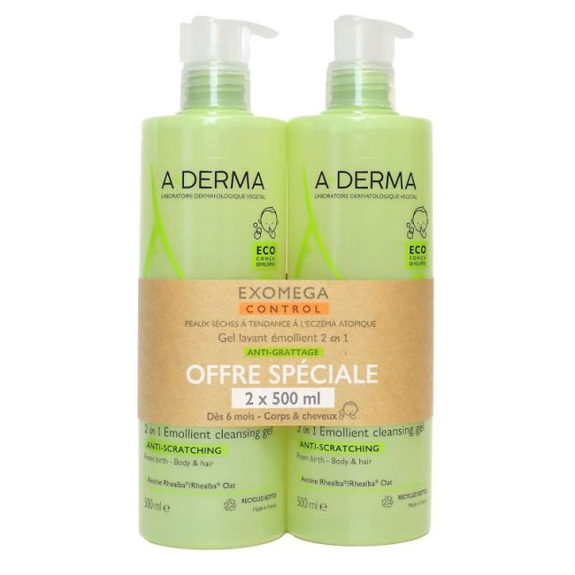 Aderma Exomega Control Gel Lavant Emollient 2 En 1 Anti-Grattage 2Fl Pompe/500Ml