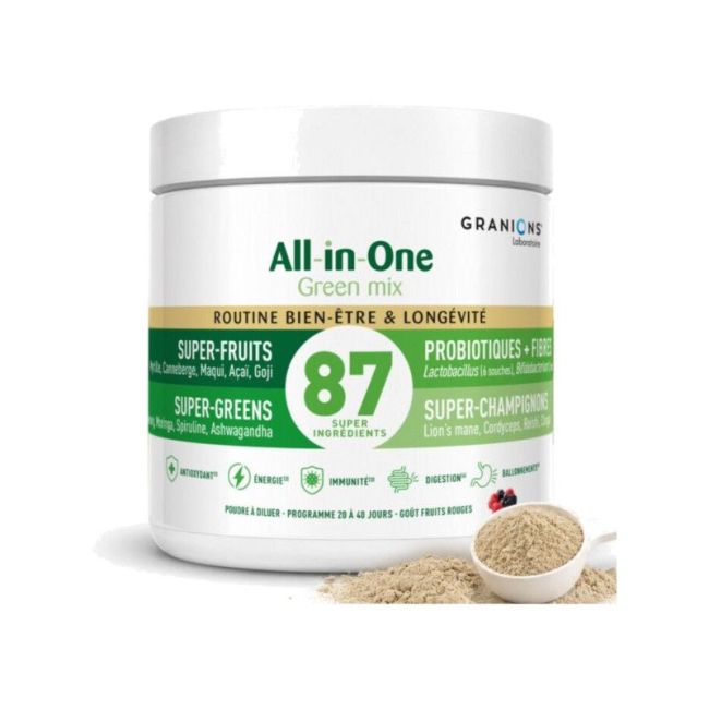 Granions All-In-One Green Mix Pdr Bien-Etre Longevite Framboise Kiwi Pot