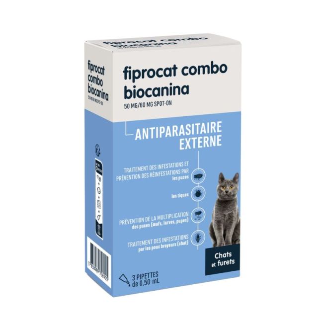 Fiprocat Combo 50 Mg/60 Mg Solution Pour Spot-On Chat Et Furet 3Pipettes/0,5Ml