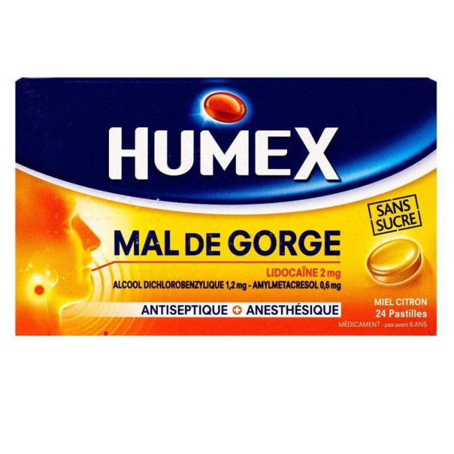 Humex Lidocaine/Alcool Dichlorobenzylique/Amylmetacresol 2 Mg/1,2 Mg/0,6 Mg Past Mal De Gorge Miel Citron Sans Sucre Plq/24